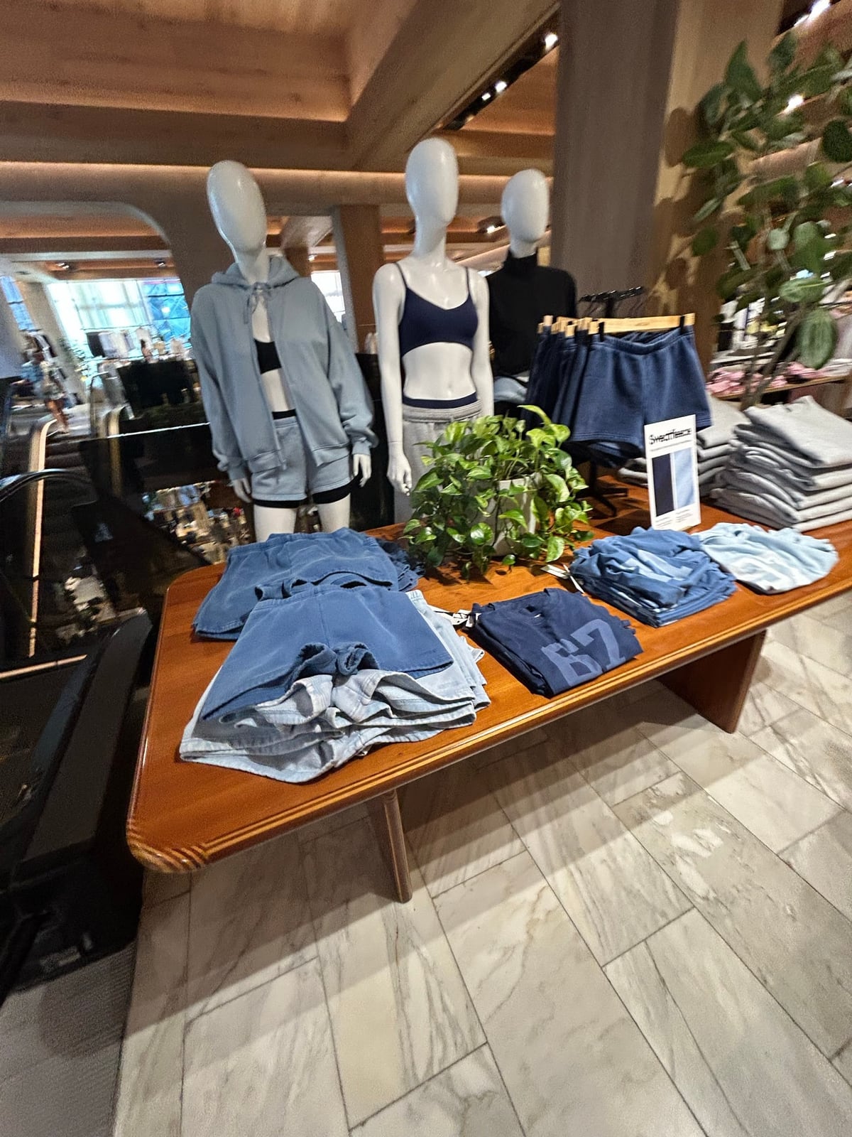 Aritzia店内のマネキンとブルー系のウェアディスプレイ