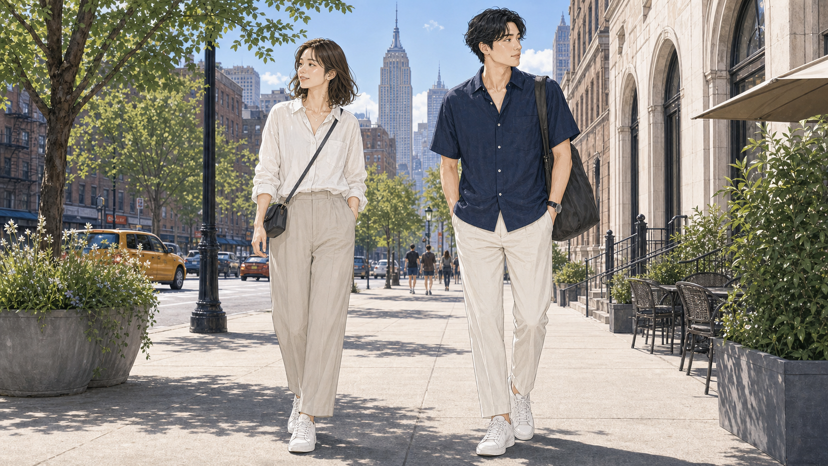 ニューヨーク8月旅行の服装イメージ。成人女性と成人男性の実用的な街歩きコーデ