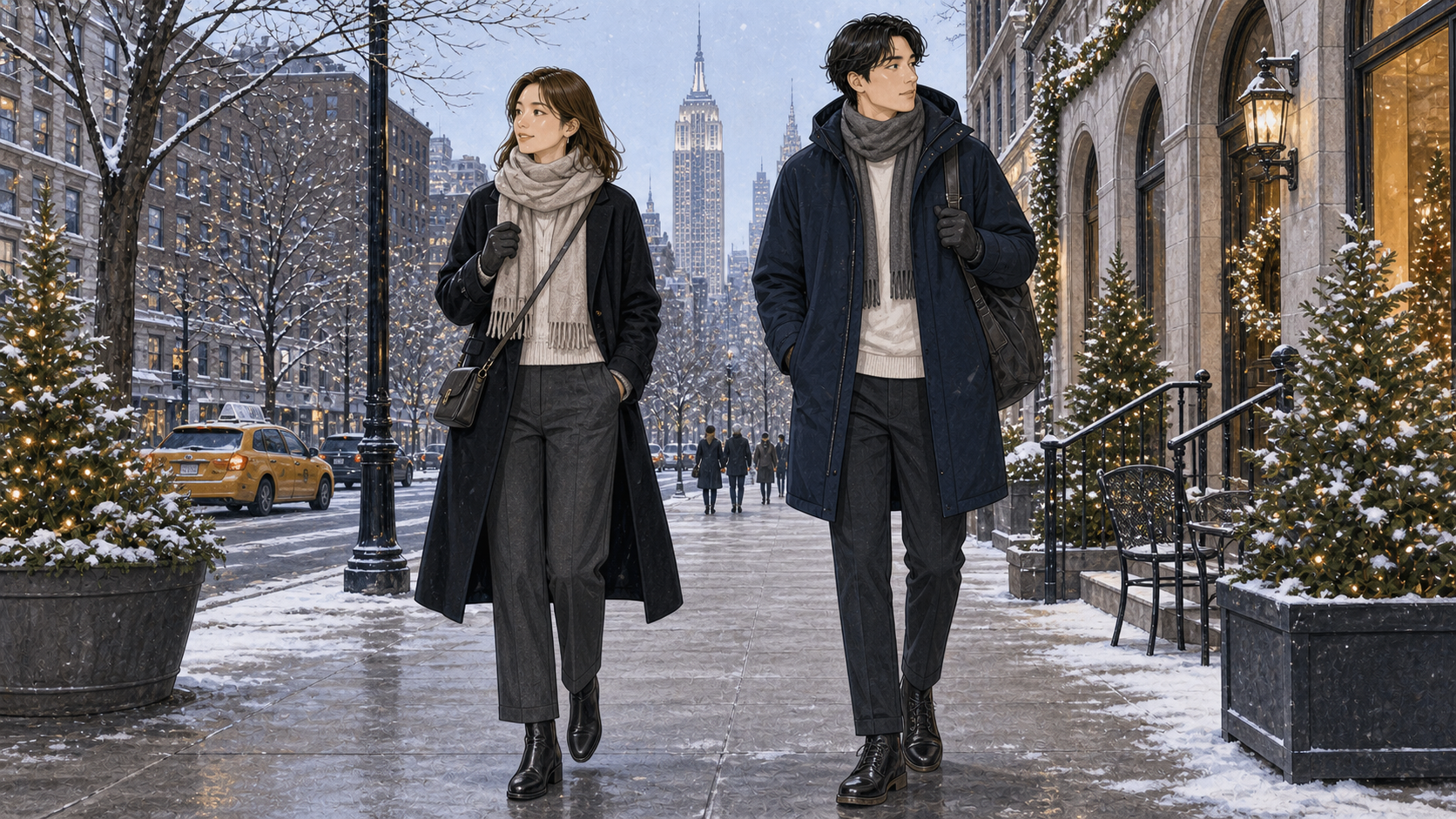 ニューヨーク12月旅行の服装イメージ。成人女性と成人男性の実用的な街歩きコーデ