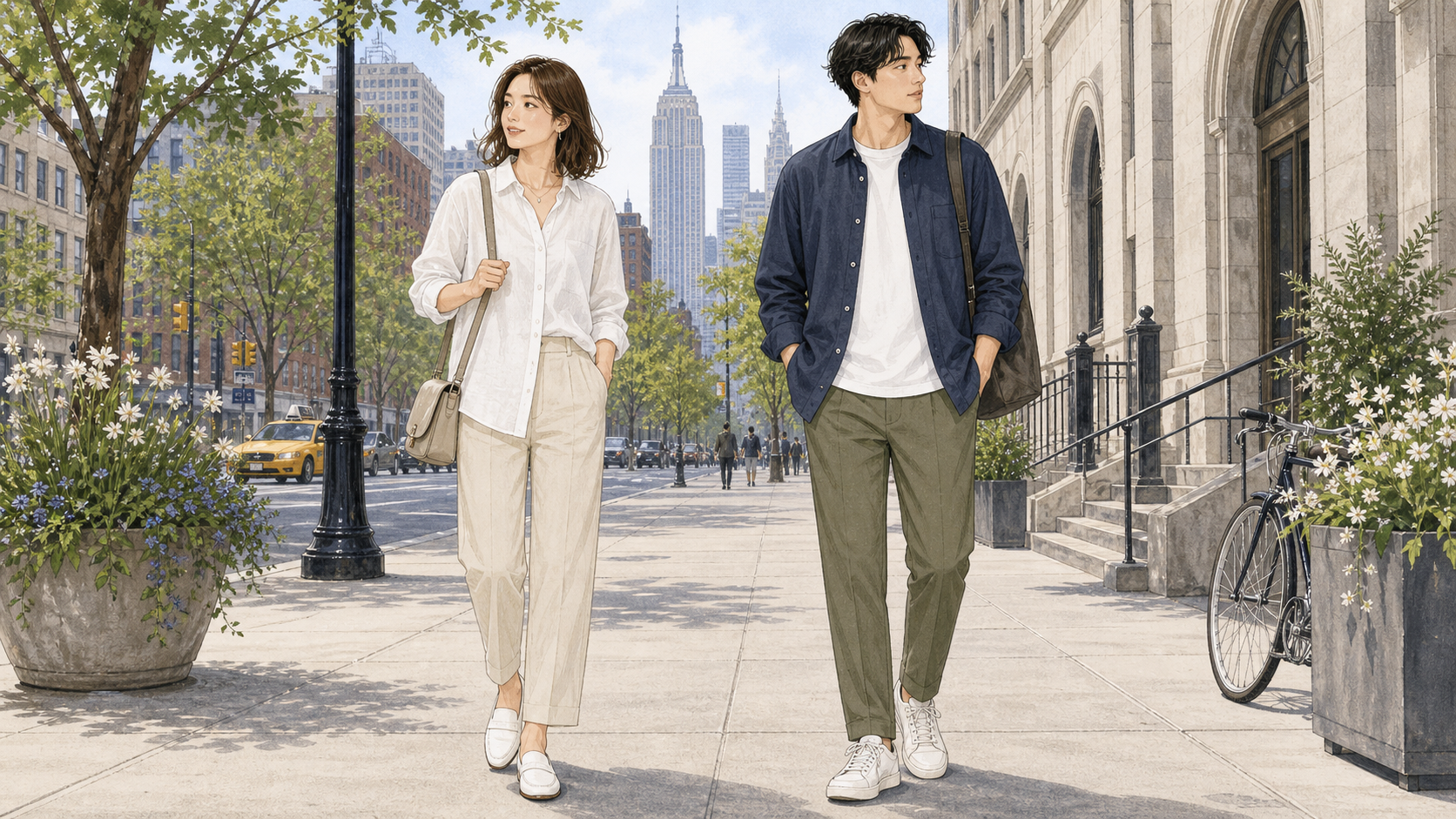 ニューヨーク6月旅行の服装イメージ。成人女性と成人男性の実用的な街歩きコーデ