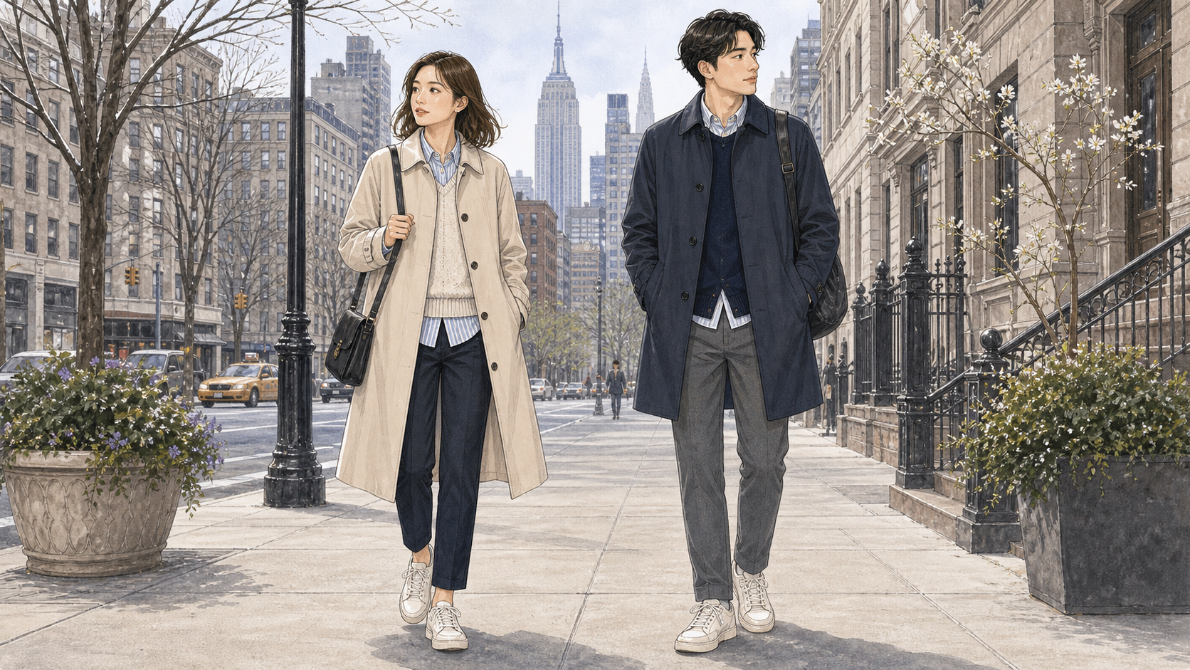 ニューヨーク3月旅行の服装イメージ。成人女性と成人男性の実用的な街歩きコーデ