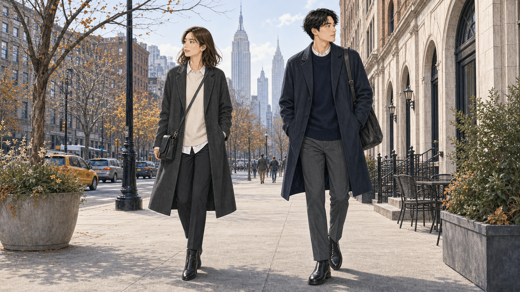ニューヨーク11月旅行の服装イメージ。成人女性と成人男性の実用的な街歩きコーデ