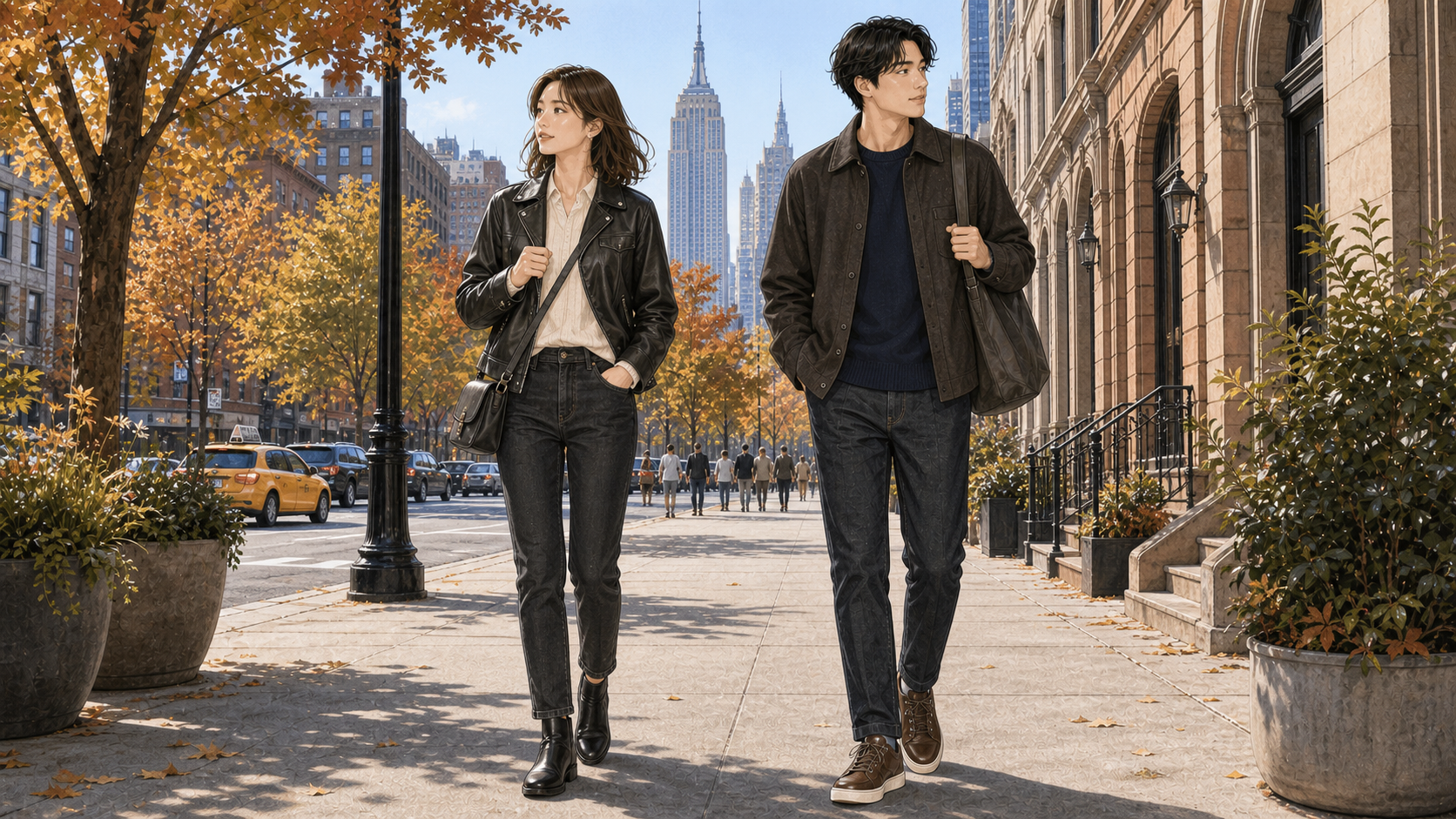 ニューヨーク10月旅行の服装イメージ。成人女性と成人男性の実用的な街歩きコーデ