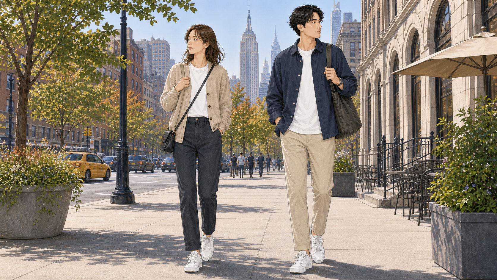 ニューヨーク9月旅行の服装イメージ。成人女性と成人男性の実用的な街歩きコーデ